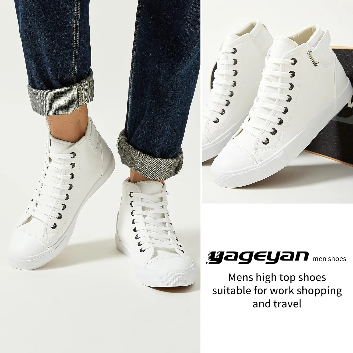 yageyan Men White high top Sneakers for Casual Black pu Leather Fashion Shoes for Men