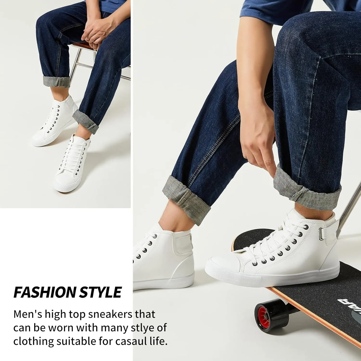 yageyan Men White high top Sneakers for Casual Black pu Leather Fashion Shoes for Men