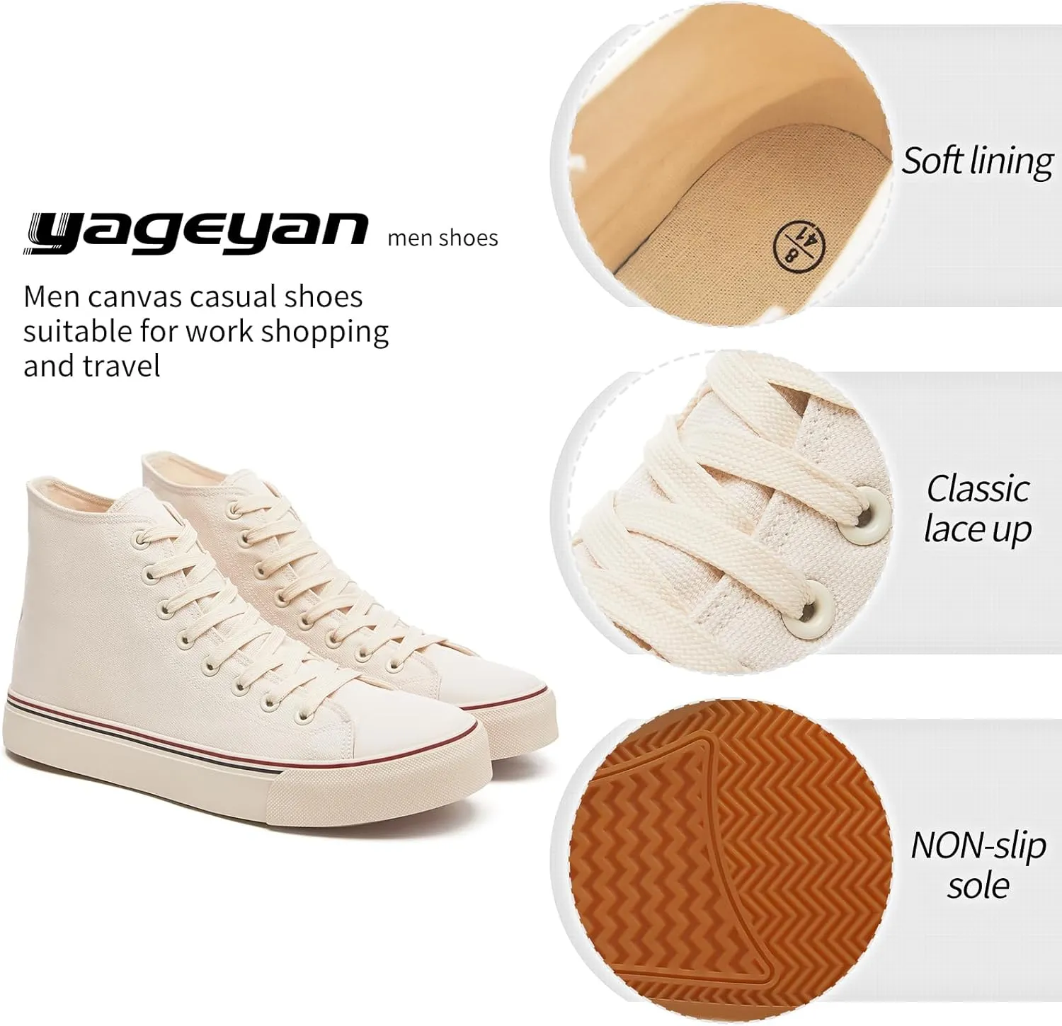 yageyan Men’s High Top Canvas Sneakers Fashion Lace up Walking Shoes Casual Classic