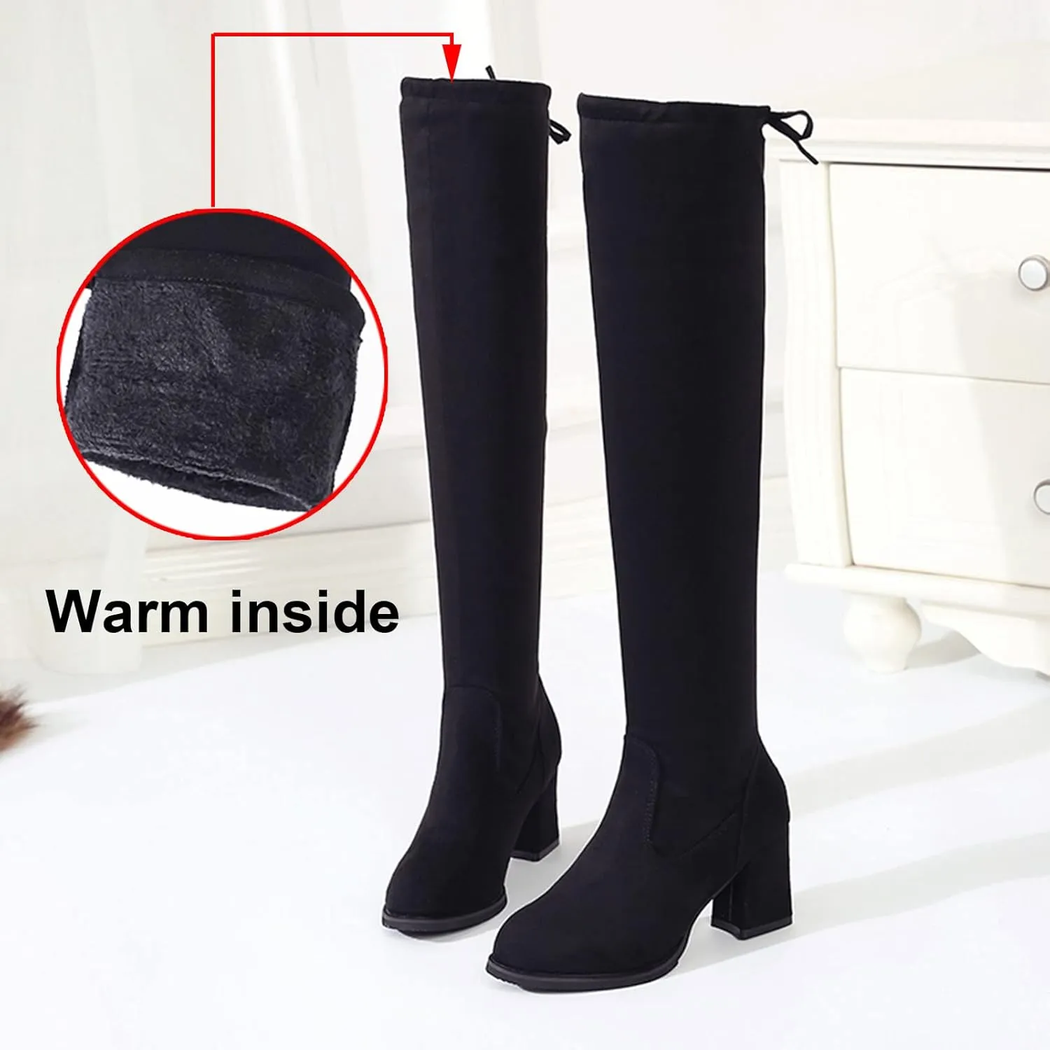 Yanzhenglip Over The Knee Boots for Women Wide Calf Plus Size, Long Boots Knee-High Heel Boots Women's Black Sexy High Boots Chunky Heel Flock Winter Summer Fashion Thigh boots