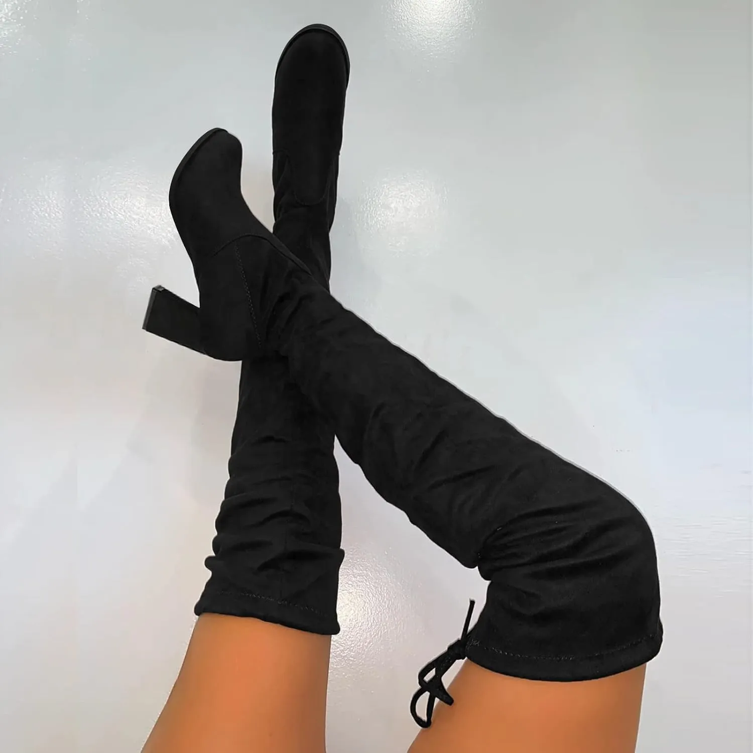 Yanzhenglip Over The Knee Boots for Women Wide Calf Plus Size, Long Boots Knee-High Heel Boots Women's Black Sexy High Boots Chunky Heel Flock Winter Summer Fashion Thigh boots