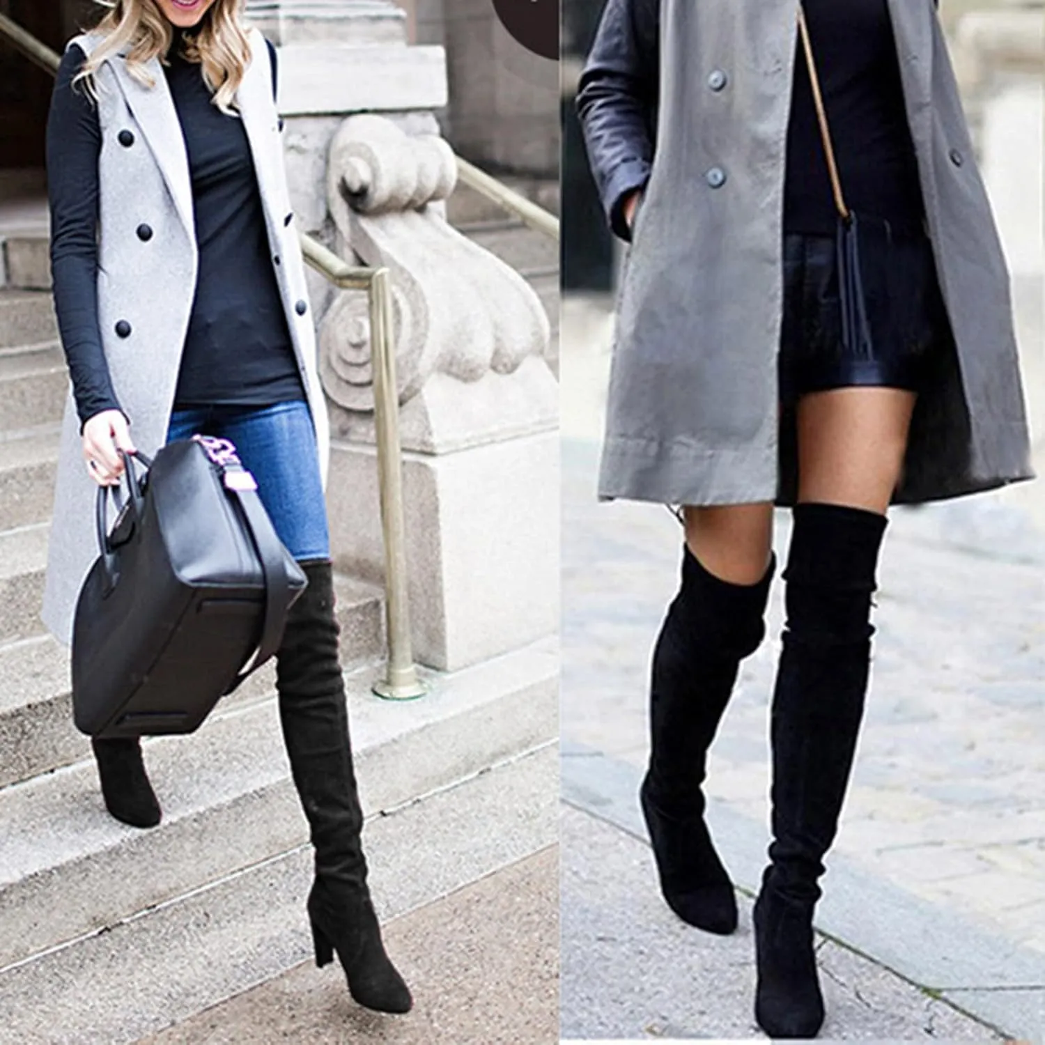 Yanzhenglip Over The Knee Boots for Women Wide Calf Plus Size, Long Boots Knee-High Heel Boots Women's Black Sexy High Boots Chunky Heel Flock Winter Summer Fashion Thigh boots