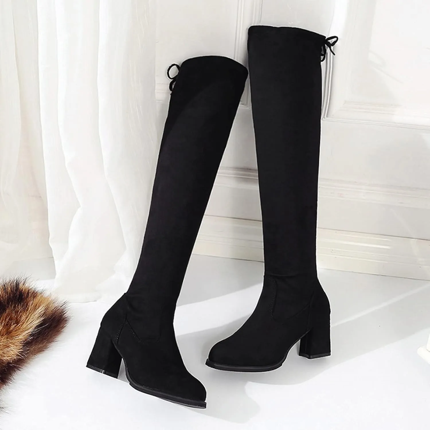 Yanzhenglip Over The Knee Boots for Women Wide Calf Plus Size, Long Boots Knee-High Heel Boots Women's Black Sexy High Boots Chunky Heel Flock Winter Summer Fashion Thigh boots