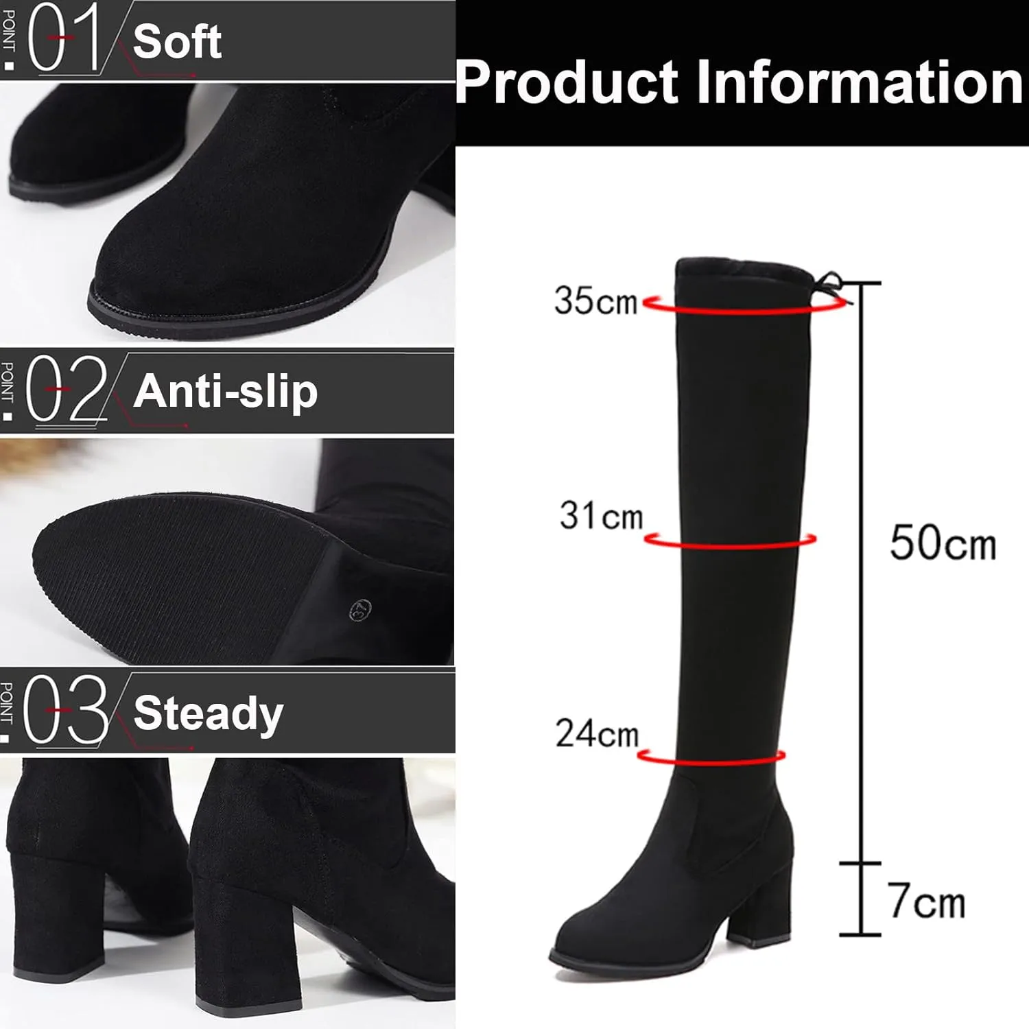 Yanzhenglip Over The Knee Boots for Women Wide Calf Plus Size, Long Boots Knee-High Heel Boots Women's Black Sexy High Boots Chunky Heel Flock Winter Summer Fashion Thigh boots