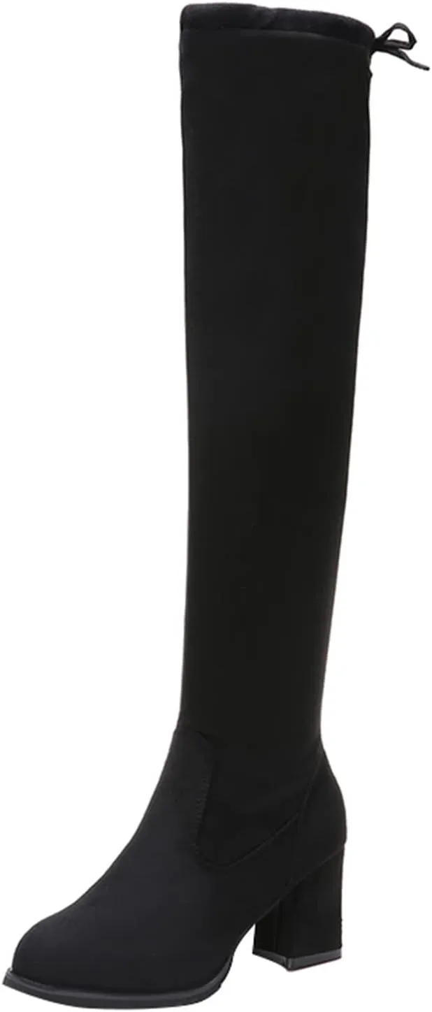 Yanzhenglip Over The Knee Boots for Women Wide Calf Plus Size, Long Boots Knee-High Heel Boots Women's Black Sexy High Boots Chunky Heel Flock Winter Summer Fashion Thigh boots