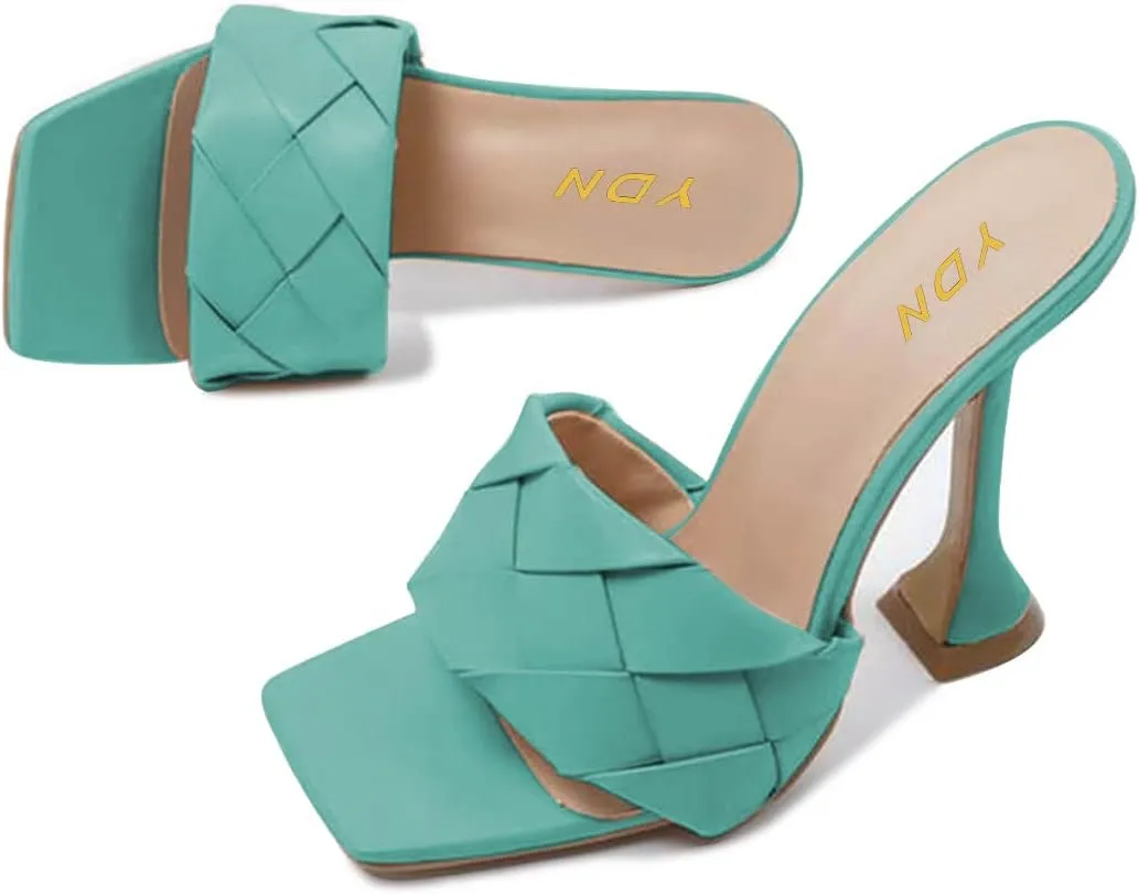 YDN Women Classic Square Open Toe Woven Mules Special Kitten High Heel Slip on Sandals Slide Backless Shoes Daily Dress Ladies Shoes Size 4-15 US