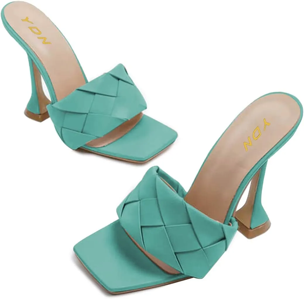 YDN Women Classic Square Open Toe Woven Mules Special Kitten High Heel Slip on Sandals Slide Backless Shoes Daily Dress Ladies Shoes Size 4-15 US