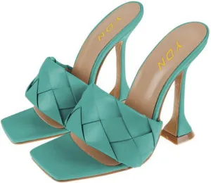 YDN Women Classic Square Open Toe Woven Mules Special Kitten High Heel Slip on Sandals Slide Backless Shoes Daily Dress Ladies Shoes Size 4-15 US