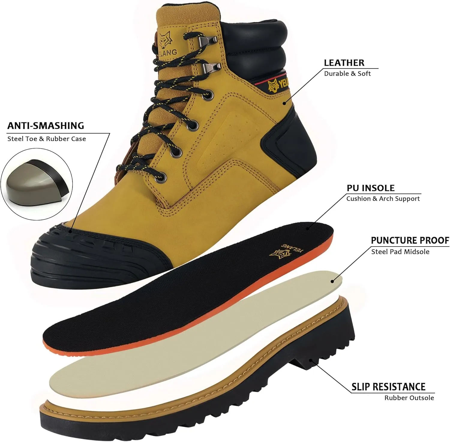 Yelang Men's Steel Toe Safety Work Boot Slip Resistant Puncture Utility Shoes 6 Inch For Industrial Construction Outdoor botas de trabajo para hombre