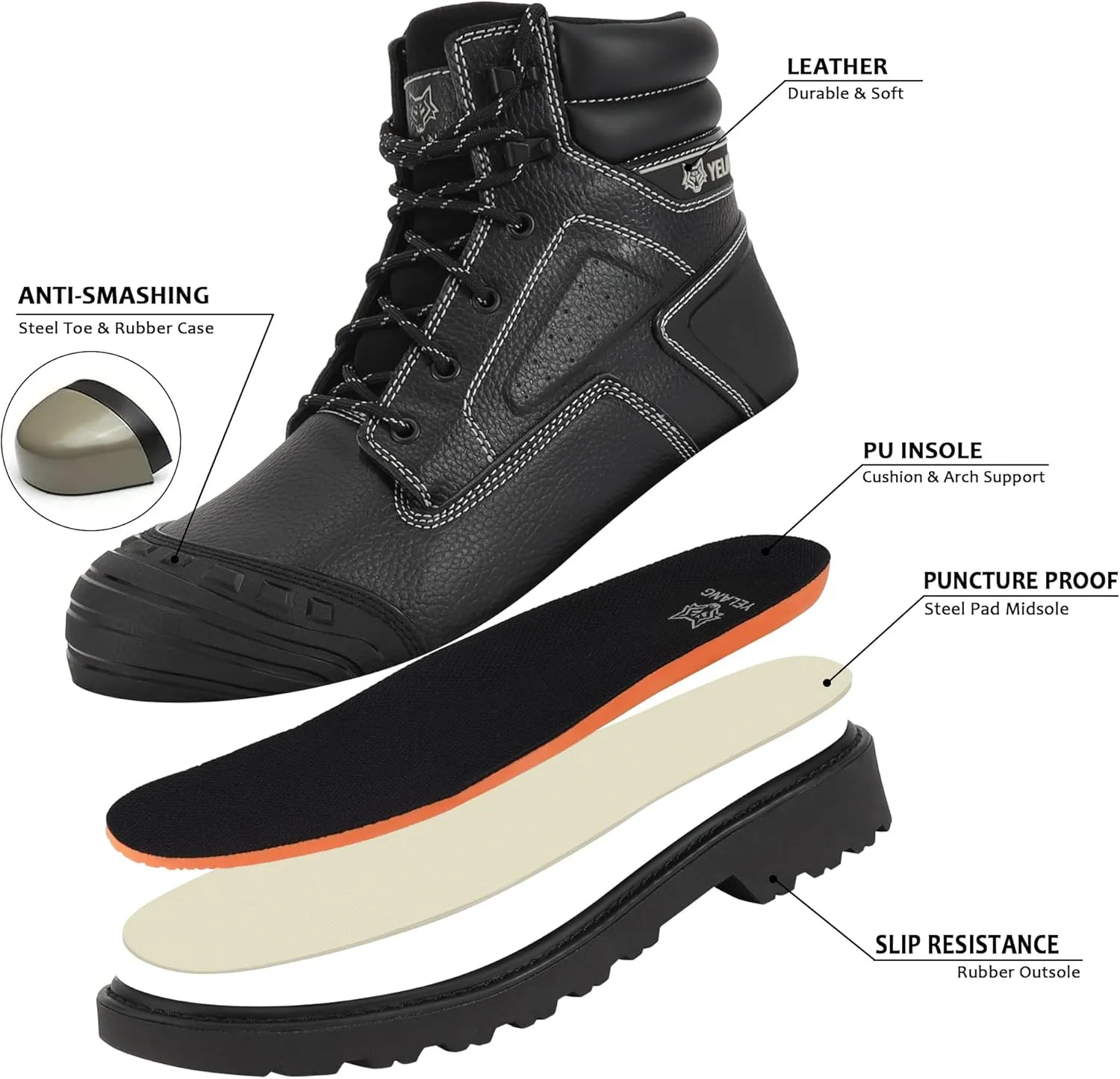 Yelang Men's Steel Toe Safety Work Boot Slip Resistant Puncture Utility Shoes 6 Inch For Industrial Construction Outdoor botas de trabajo para hombre