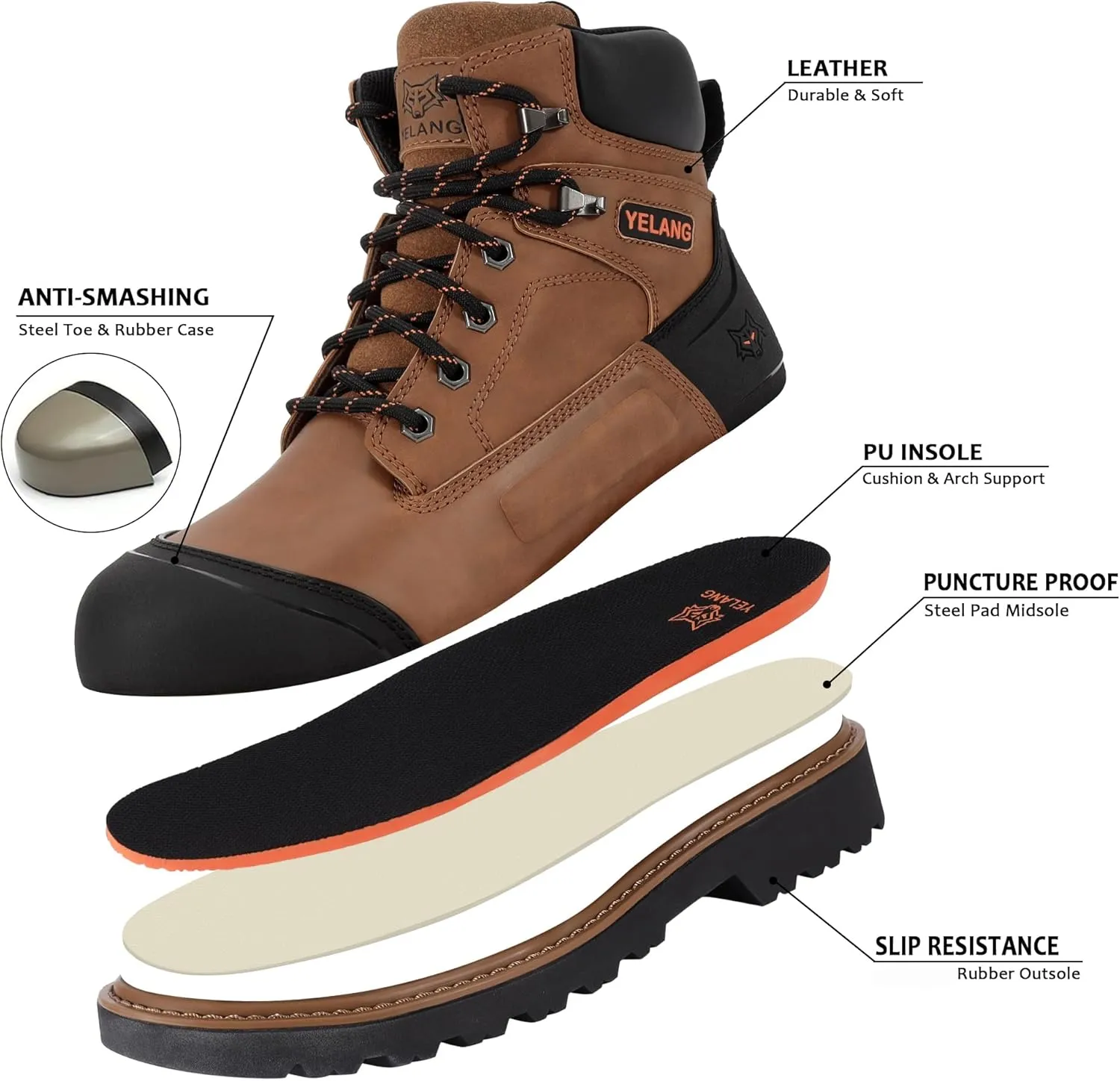 Yelang Men's Steel Toe Safety Work Boot Slip Resistant Puncture Utility Shoes 6 Inch For Industrial Construction Outdoor botas de trabajo para hombre
