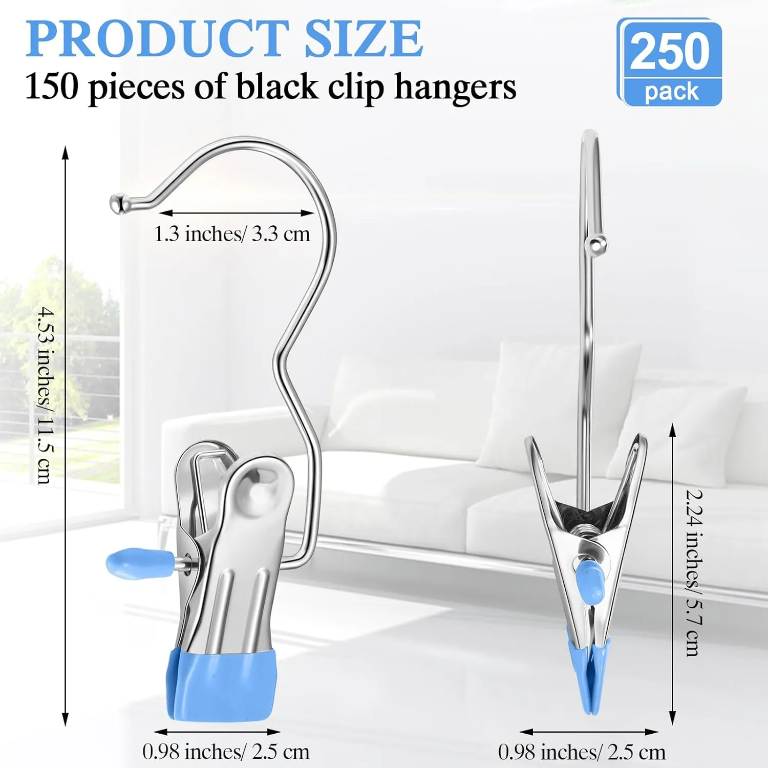 Yinder 250 Pcs Boot Hangers Clips Laundry Hooks Hanging Stainless Steel Clothes Pins Portable Clip Hangers for Closet Travel Socks Pants Handbags Hats Towels (Blue)