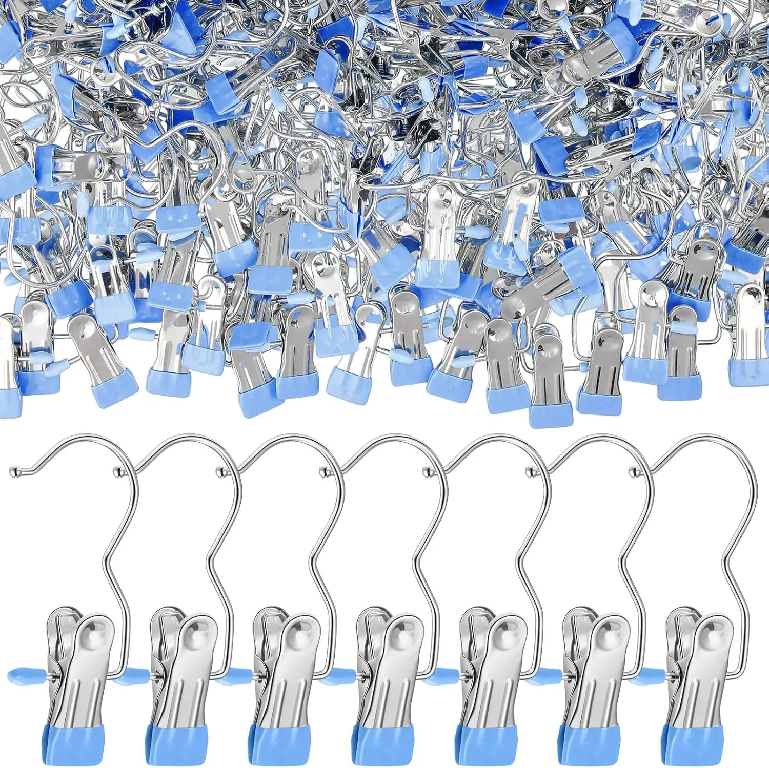 Yinder 250 Pcs Boot Hangers Clips Laundry Hooks Hanging Stainless Steel Clothes Pins Portable Clip Hangers for Closet Travel Socks Pants Handbags Hats Towels (Blue)