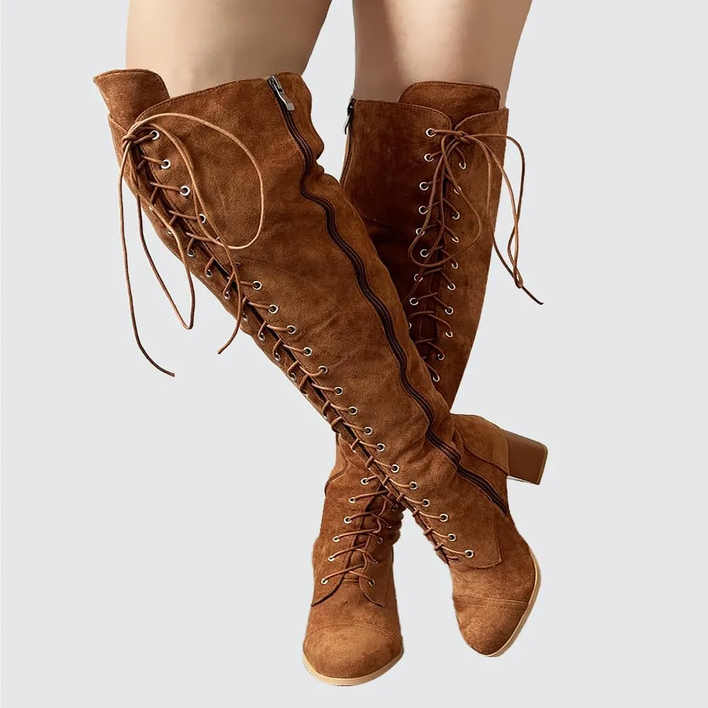 YING LAN Women's Over The Knee Low Heel Lace Up Tall Boots