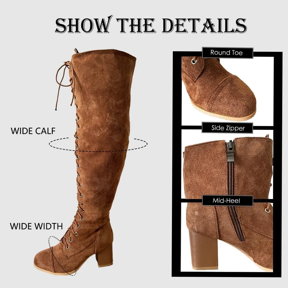 YING LAN Women's Over The Knee Low Heel Lace Up Tall Boots