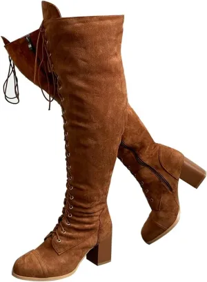 YING LAN Women's Over The Knee Low Heel Lace Up Tall Boots