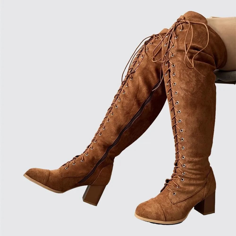 YING LAN Women's Over The Knee Low Heel Lace Up Tall Boots