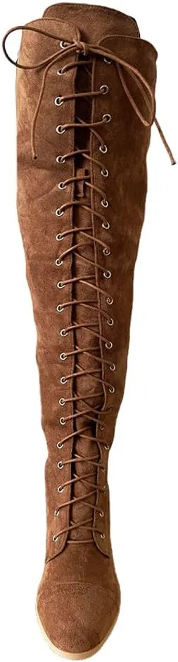 YING LAN Women's Over The Knee Low Heel Lace Up Tall Boots