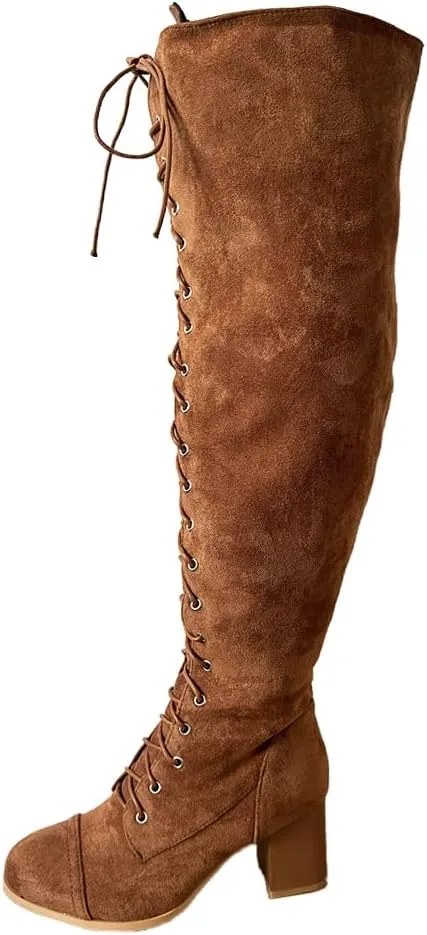 YING LAN Women's Over The Knee Low Heel Lace Up Tall Boots