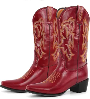 Yolkomo Cowboy Boots for Women Mid Calf Western Embroidered Cowgirl Boots