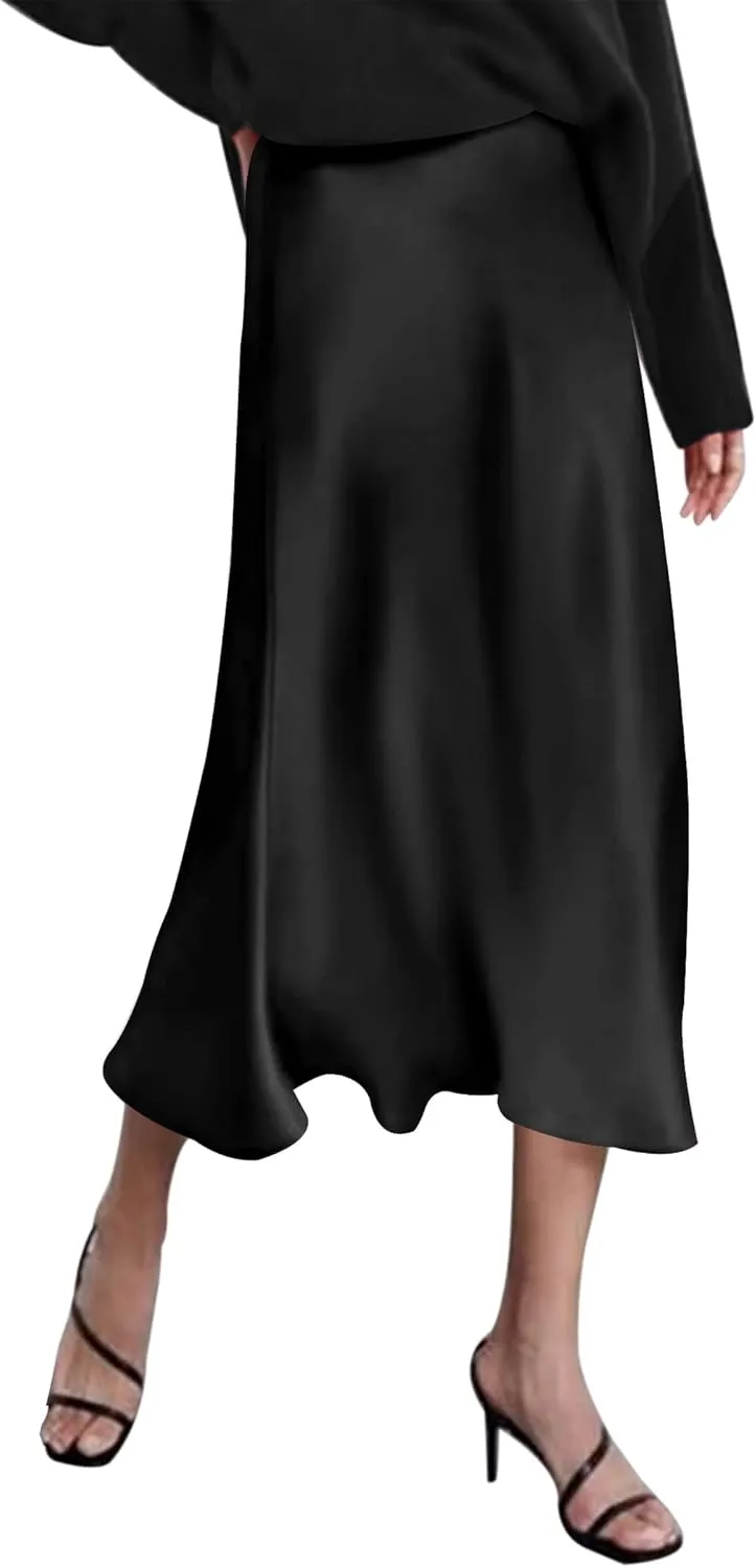 Zeagoo Skirts for Women Jacquard High Waist Skirt Black Elegant Midi Skirt Satin