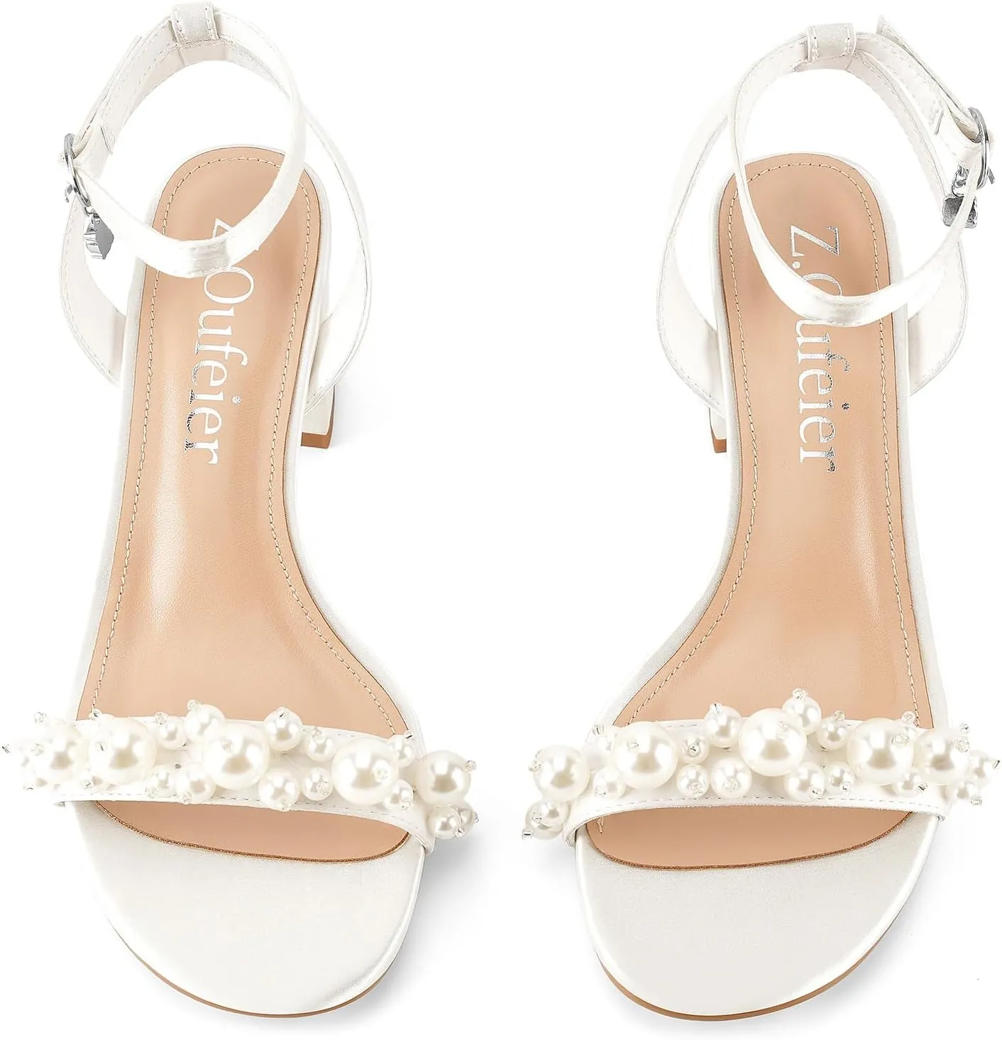 Z.Oufeier Women's White Pearl Chunky Block Heels Open Toe Wedding Dress Bridal Satin Sandals Bride Prom Shoes 2.5 Inch