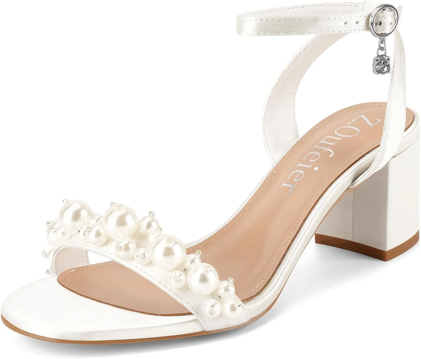 Z.Oufeier Women's White Pearl Chunky Block Heels Open Toe Wedding Dress Bridal Satin Sandals Bride Prom Shoes 2.5 Inch