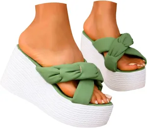 ZSpzx Espadrilles Wedge Sandals Womens Platform Bow Tie Open Toe Slides Shoes Slip On Women's Sparkly Fashion Dressy Prom Comfortable Slippers Retro Dress Summer Bohe Beach Ankle Strap Sandal